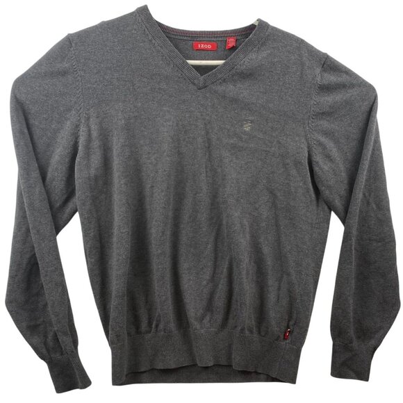 Izod Mens Sweater Medium Gray V-Neck Cotton Blend Long Sleeve - Picture 1 of 6